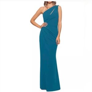 Aqua One Shoulder Teal Gown Size 4 Ruched Asymmetrical Evening Dress